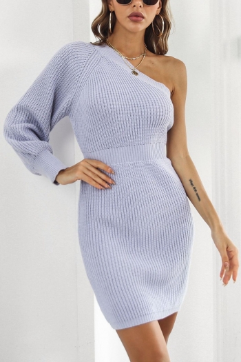 autumn & winter new two colors pure color slight stretch one shoulder stylish sexy bodycon knitted mini dress
