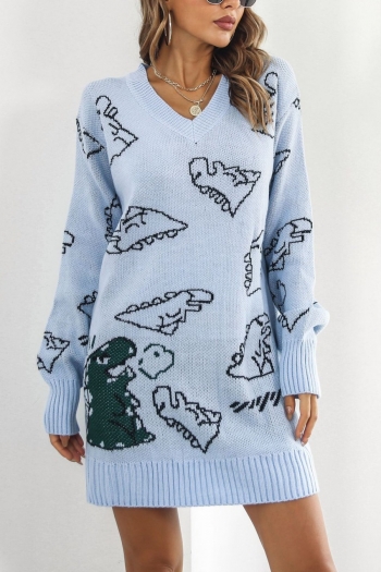 winter new two colors cartoon dinosaur jacquard slight stretch v-neck stylish casual knitted sweater mini dress(without belt)