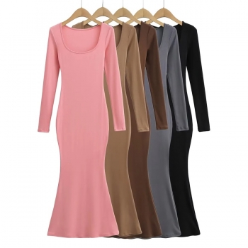 Autumn new 5 colors high stretch square-neck long sleeve stylish fishtail maxi dress