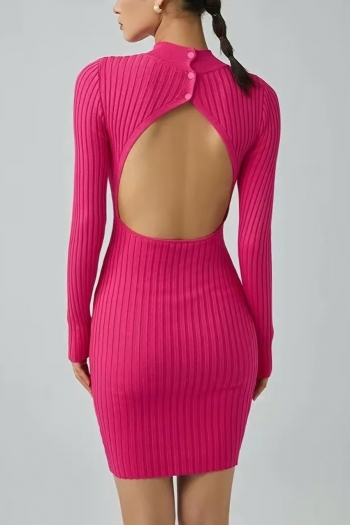 autumn new 4 colors ribbed knit stretch backless button sexy bodycon mini dress