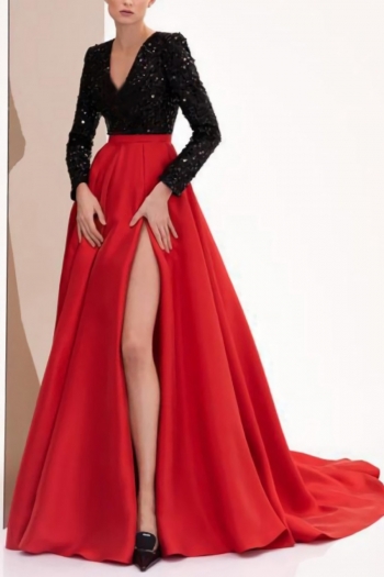 New stylish patchwork contrast color sequins zip-up high slit high quality elegant maxi evening dress