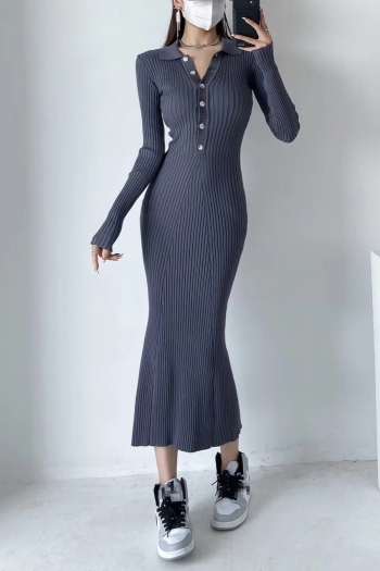 autumn new 4 colors ribbed knit stretch turndown collar button stylish casual high quality midi dress