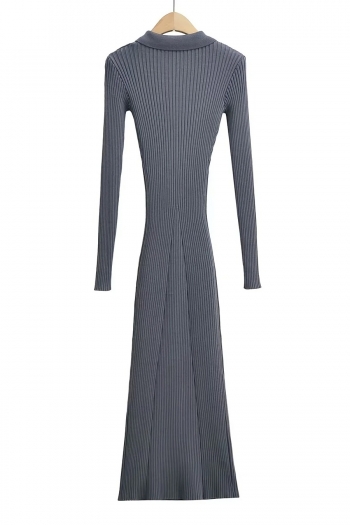 Autumn new 4 colors ribbed knit stretch turndown collar button stylish casual high quality midi dress