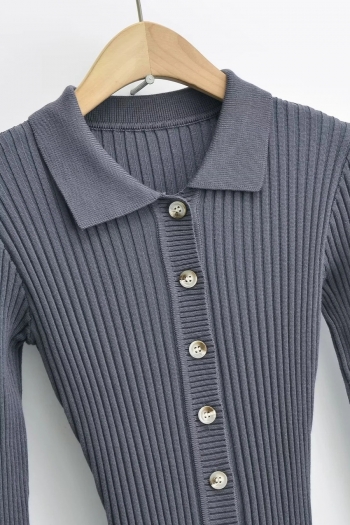 Autumn new 4 colors ribbed knit stretch turndown collar button stylish casual high quality midi dress