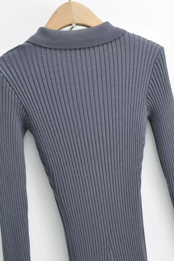 Autumn new 4 colors ribbed knit stretch turndown collar button stylish casual high quality midi dress