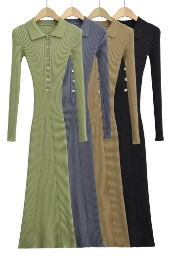 Autumn new 4 colors ribbed knit stretch turndown collar button stylish casual high quality midi dress