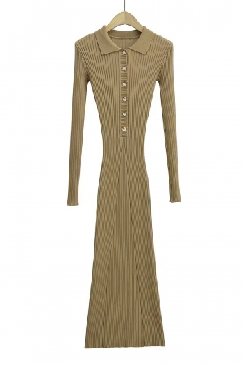 Autumn new 4 colors ribbed knit stretch turndown collar button stylish casual high quality midi dress