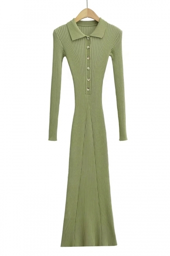 Autumn new 4 colors ribbed knit stretch turndown collar button stylish casual high quality midi dress