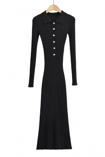 Autumn new 4 colors ribbed knit stretch turndown collar button stylish casual high quality midi dress