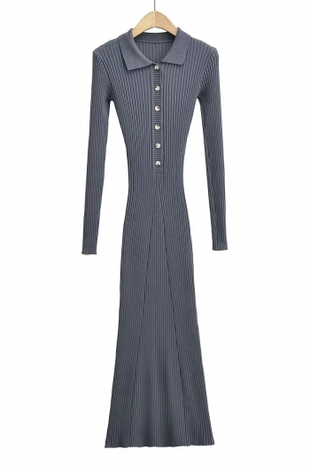 Autumn new 4 colors ribbed knit stretch turndown collar button stylish casual high quality midi dress