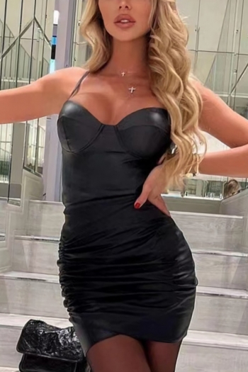 summer new stylish slight stretch shirring pu zip-up slim sling sexy mini dress