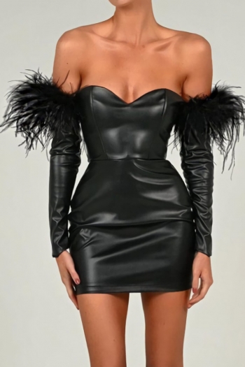 early autumn new stylish solid color pu feather zip-up strapless backless slight stretch slim sexy mini dress