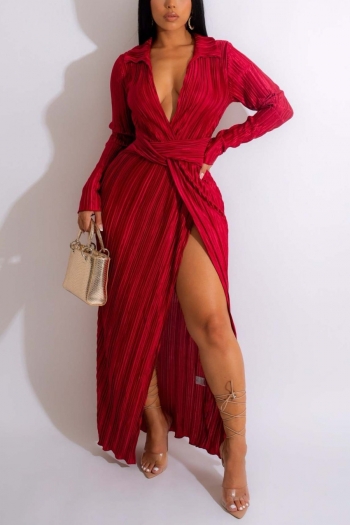 autumn new stylish 3 colors solid color slight stretch plus size deep v high slit pleated sexy maxi dress