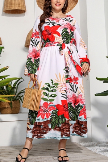 xl-4xl plus size autumn new stylish plant flower printing belt non-stretch flared sleeve casual midi dress