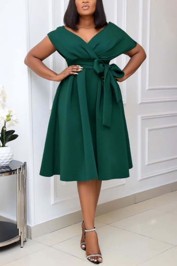 s-3xl summer new plus size 3 colors slight stretch v-neck lace up zip-up swing stylish classic midi dress (with belt)