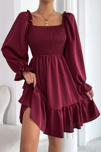 autumn new stylish 4 colors solid color slight stretch pleated ruffle sleeve casual midi dress