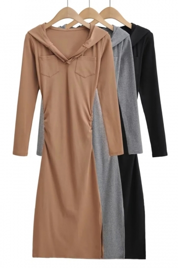 autumn new 3 colors stretch hooded pocket split side stylish casual midi dress