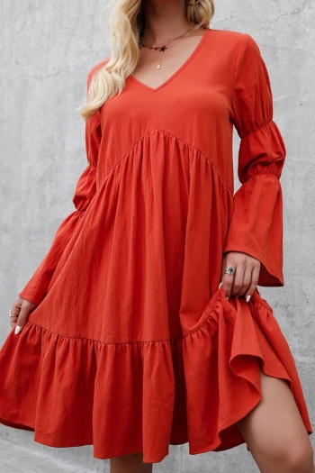 autumn new stylish solid color 5 colors plus size non-stretch loose pleated puff sleeves casual midi dress