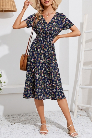 summer new stylish 3-colors floral batch printing v-neck chiffon non-stretch plus size casual midi dress