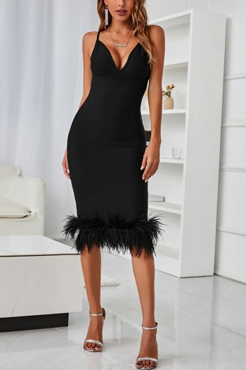 summer new solid color high stretch feather decor sling zip-up bodycon stylish high quality sexy midi dress