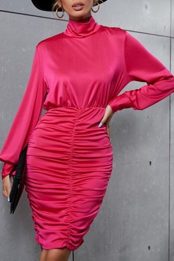 xs-l autumn new solid color micro elastic shirring high neck slim stylish mini dress