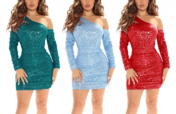 Autumn new stylish 3 colors solid sequins plus size slight stretch slim high quality sexy mini dress