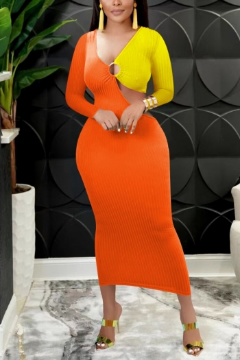 autumn new stylish three colors contrast color v-neck ring connected hollow stretch slim sexy midi dress