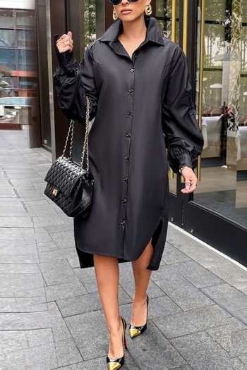 s-4xl plus size autumn new stylish 3 colors solid color single breasted shirring  loose irregular slit casual midi dress