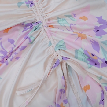 Summer flower batch printing stretch backless sling drawstring high split sexy midi dress