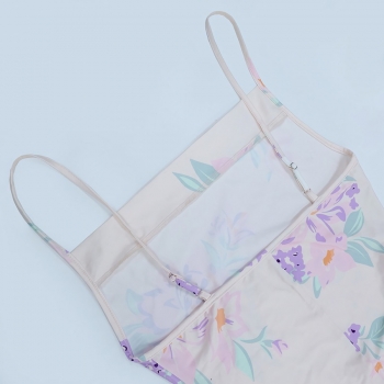 Summer flower batch printing stretch backless sling drawstring high split sexy midi dress
