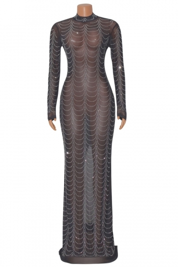 S-2XL plus size autumn new rhinestone stretch mesh see through back zip-up split high quality sexy maxi dress