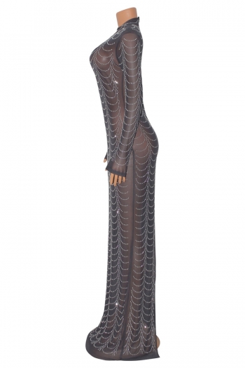 S-2XL plus size autumn new rhinestone stretch mesh see through back zip-up split high quality sexy maxi dress