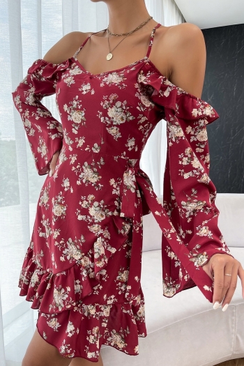 xs-l early autumn new floral printing non-stretch long sleeves ruffle zip-up stylish mini dress