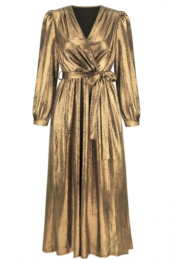 Autumn new plus size 4 colors bronzing slight stretch v-neck elegant high quality sparkling midi dress with belt