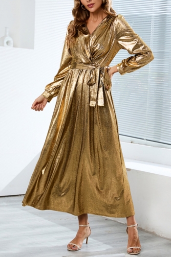 Autumn new plus size 4 colors bronzing slight stretch v-neck elegant high quality sparkling midi dress with belt