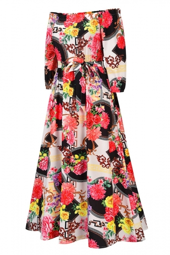 Autumn new plus size two colors floral batch printing non-stretch off shoulder floor length casual vacation style maxi dress with belt