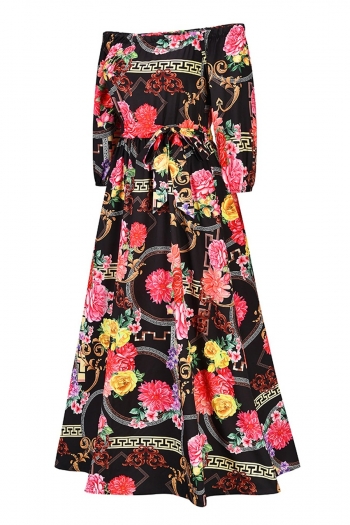Autumn new plus size two colors floral batch printing non-stretch off shoulder floor length casual vacation style maxi dress with belt