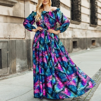 Autumn new plus size multicolor leaf batch printing non-stretch off shoulder floor length casual vacation style maxi dress with belt