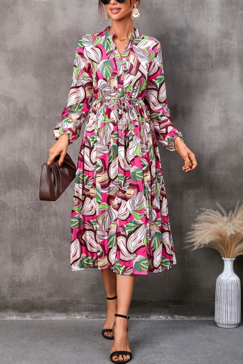 autumn new stylish 4 colors batch printing belt pleated non-stretch plus size single breasted casual midi dress