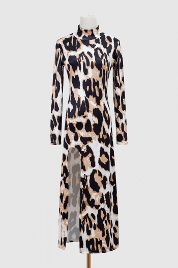 Autumn new stylish leopard batch printing plus size slight stretch high slit sexy midi dress(without belt)