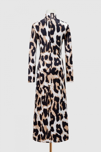 Autumn new stylish leopard batch printing plus size slight stretch high slit sexy midi dress(without belt)