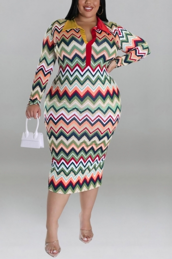 XL-5XL plus size autumn new 5 colors wave printing stretch long sleeves stylish midi dress 