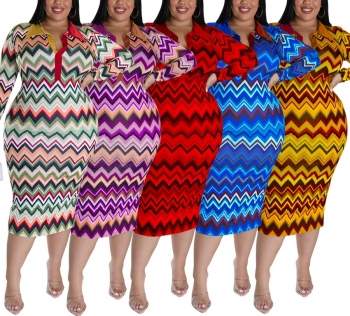 XL-5XL plus size autumn new 5 colors wave printing stretch long sleeves stylish midi dress 