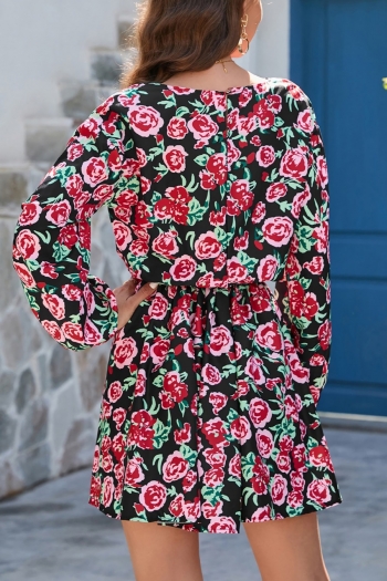 Autumn new stylish floral batch printing non-stretch plus size belt pleated casual mini dress