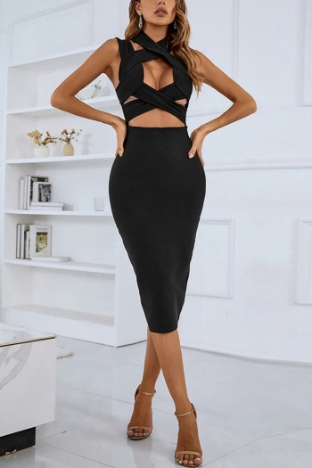 Summer new solid color high stretch halter-neck crossed design hollow zip-up slit stylish high quality sexy midi dress