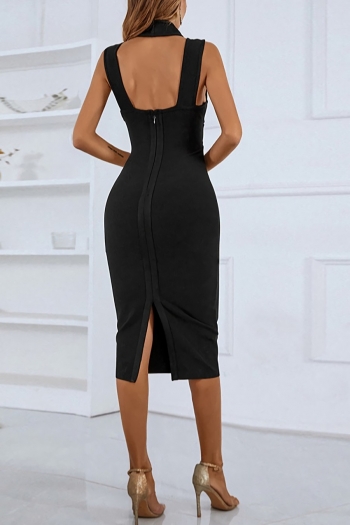 Summer new solid color high stretch halter-neck crossed design hollow zip-up slit stylish high quality sexy midi dress