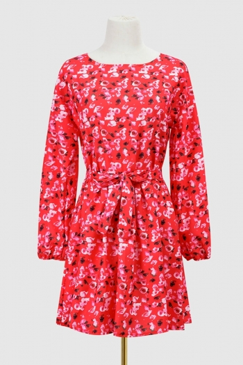 Autumn new stylish floral batch printing non-stretch plus size belt pleated crew neck casual mini dress