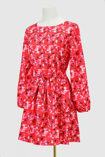 Autumn new stylish floral batch printing non-stretch plus size belt pleated crew neck casual mini dress