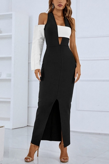 autumn new contrast color patchwork high stretch single sleeve high slit zip-up stylish high quality maxi dress