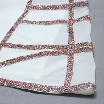 Summer new mesh patchwork slight stretch tube design rhinestone decor zip-up swing stylish pretty maxi dress